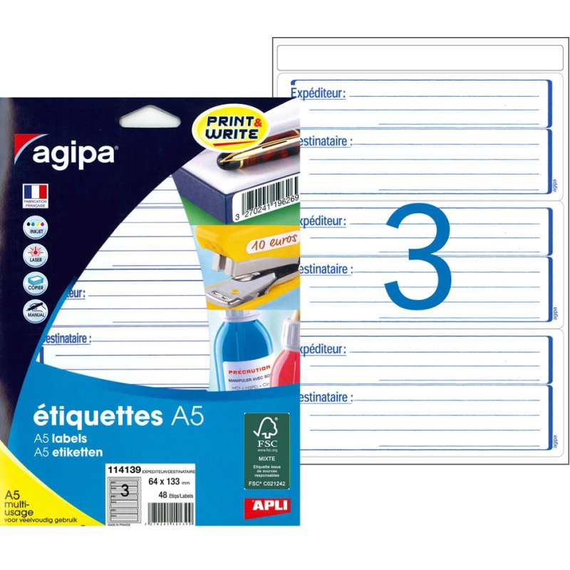 agipa étiquettes d'expédition, blanc/bleu, 64×133 mm, 48 pièces